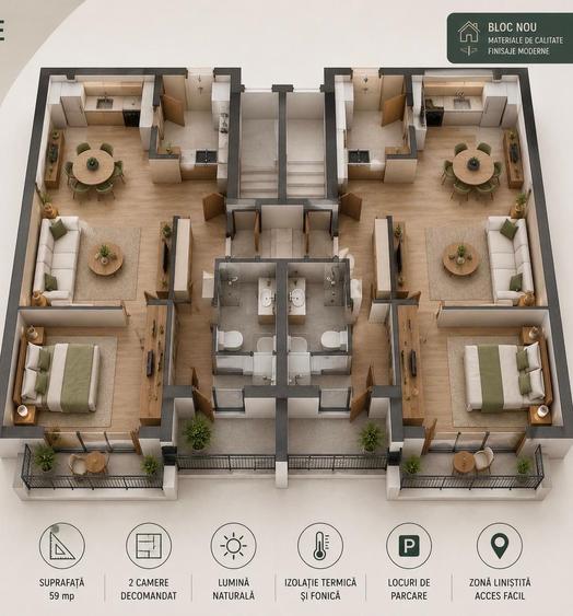 Apartament 2 camere, bloc nou, Zona Schit | 59 mp | Parcare