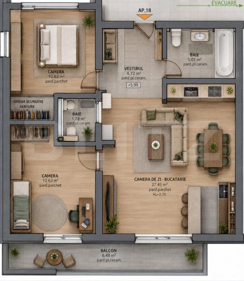 Apartament Generos 3 Camere | Zona Tudor | 74,62 mp