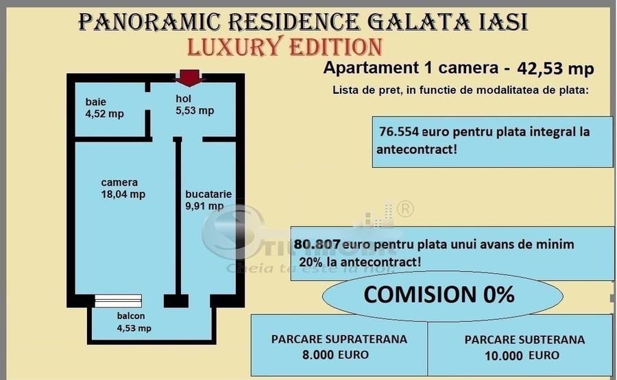 Apartament 1 camera de vanzare in Iasi, Galata, 42,53 mp, bloc nou