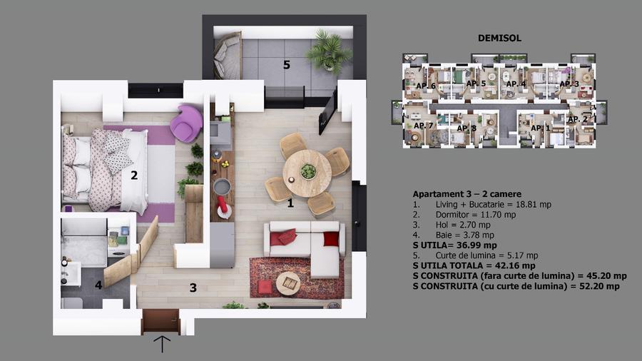Apartament 2 camere | Tip studio | Parcare inclusa | Incalzire in pardoseala |