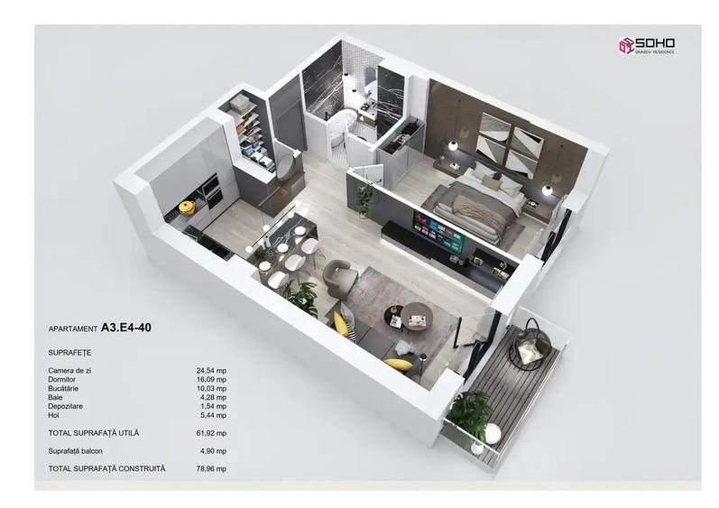 Apartament 2 camere, 62 mp utili