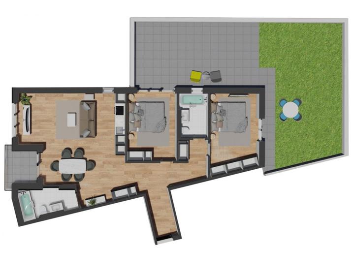 Apartament de 3 camere semifinisat, CF, 88,45 mp util, terasa 80 mp, zona Vivo