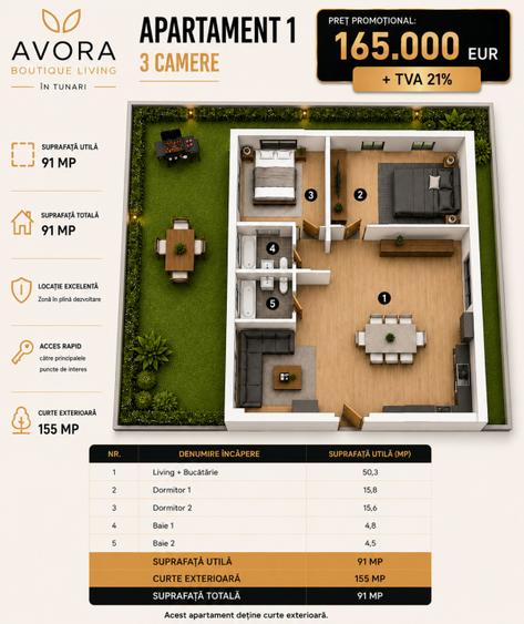 Avora Boutique Tunari, apartament 3 camere, langa Cosmopolis
