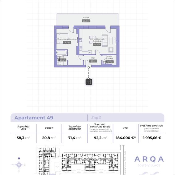 Apartament 3 Camere 16 mp Terasa Arqa Jolie Village Pipera