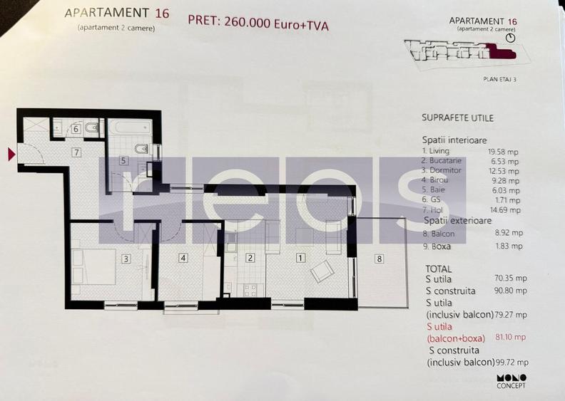 DE VANZARE | APARTAMENT 2 CAMERE + BIROU 9 MP  | ZONA EMINESCU - 2