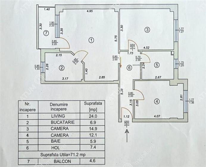 Apartament cu 3 camere decomandate si balcon la etajul 2 zona Turnisor