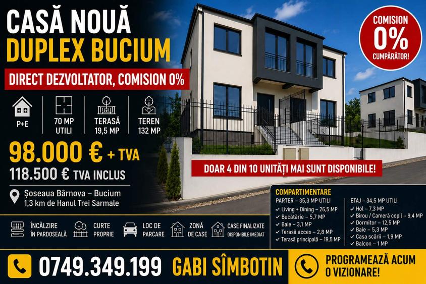 Direct Dezvoltator CASĂ NOUĂ DUPLEX BUCIUM Iași, P+E 70MP + TERASĂ 19,5MP, TEREN 190 MP, 98.000 € + TVA, COMISION 0%
