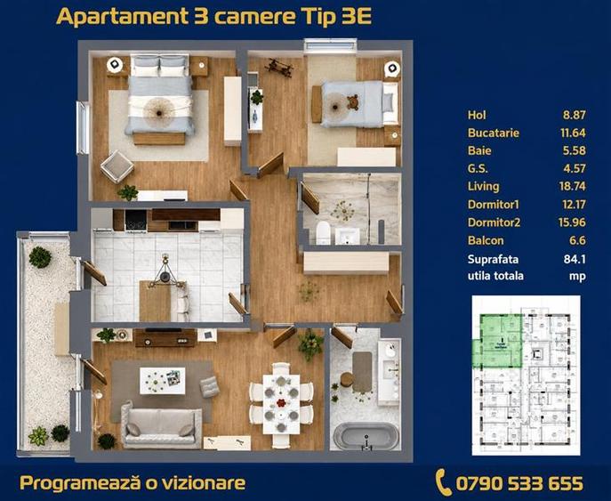 Apartament 3 camere zona C5 in BLOC NOU