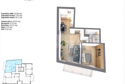 Apartament cu 2 camere semidecomandat în Central