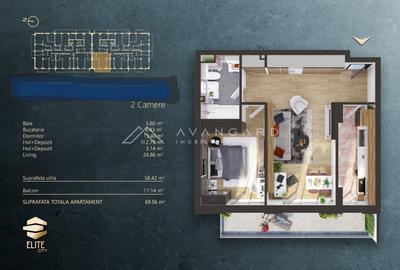| Apartament 2 camere | 58 mp + 11 mp balcon | Parcare subterana | Elite City | - 8
