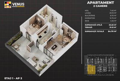 Apartament decomandat, 2 camere, terasa 31 mp, Aparatorii Patriei - 7