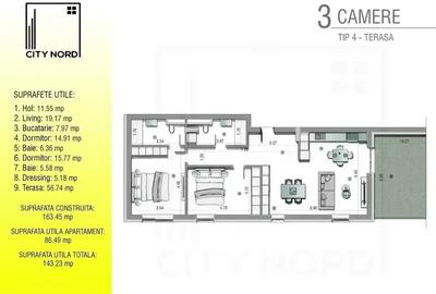 TVA INCLUS! Penthouse 3 camere cu rooftop de 56 mp! Pereti individuali - 3