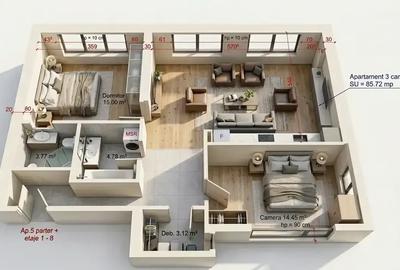 3 Camere Premium | 80mp | 2 Băi | Finisaje la Alegere - 1