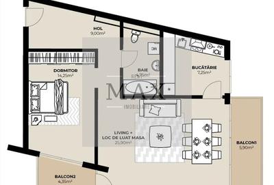 Apartament 2 camere de vânzare 61.15 mp Et.8 Mărăști Fabricii - 1