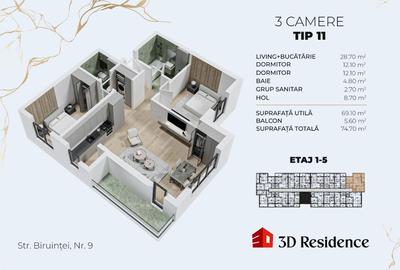 Apartament cu 3 camere, 2 bai, bucatarie spatioasa - 2