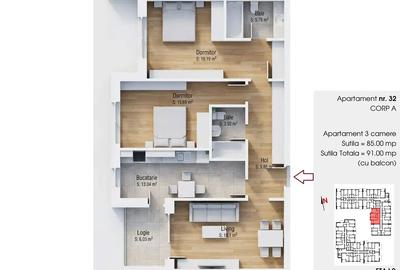 Apartament 3 camere etaj 2 / 85mp utili/ vest / centrala/ Metrou 1 Dec - 2