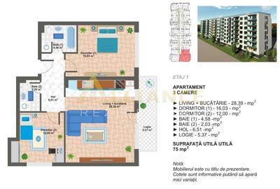 Apartament cu 3 camere - 2 bai | 75 mp | Aparatorii Patriei - 4