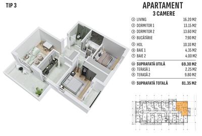 Promotie- Apartament 3 camere decomandat, bloc nou, metrou Berceni