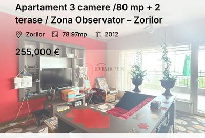 Apartament cu 3 camere semidecomandat, mobilat în Zorilor
