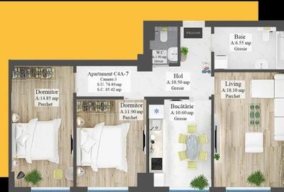 Apartament 3 camere decomandat, 2 bai, bloc NOU Frumoasa - Poitiers - 3