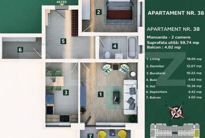 Apartament 2 camere, living cu bucătărie open space, balcon – 59 mp utili - 4