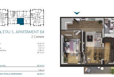 Apartament cu 2 camere, 58 mp, Ansamblu Rezidential, zona RIVUS - 2
