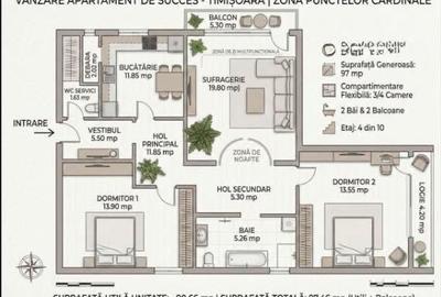 Punctele Cardinale-Central-97 mp-3 camere-2 bai-2 balcone - 6