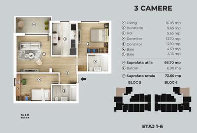 Apartament cu 3 camere decomandat, mobilat în Central