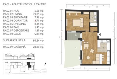 Apartament 2 camere, parter, 77,9 mp + grădină  20,03 mp - 6