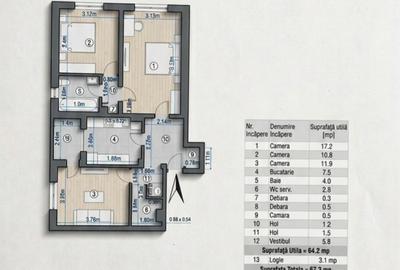 **Apartament cu 3 camere | 64,2 mp utili | 2 băi | Bloc 1985 | Etaj 7/8 | Sector - 17