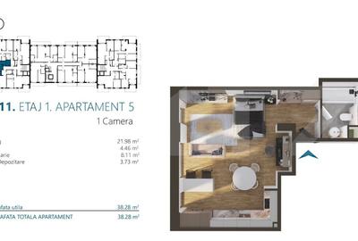 Apartament cu o camera, 38 mp, Ansamblu Rezidential, zona RIVUS - 2