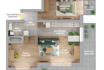 Apartament cu 3 camere decomandat în Avantgarden