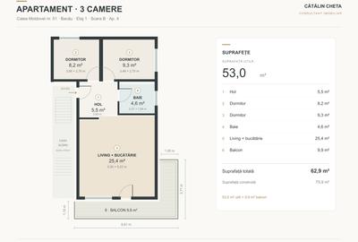 Apartament cu 3 camere si parcare de inchiriat | Calea Moldovei - 10