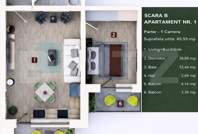 Apartament 2 camere, living cu bucătărie open space, balcon –45 mp utili - 2