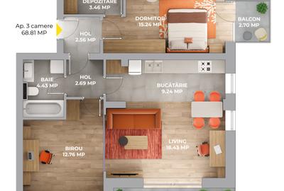 Apartament cu 3 camere semidecomandat în Avantgarden