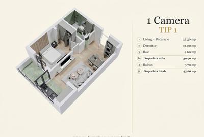 Apartament cu 2 camere în Popești-Leordeni