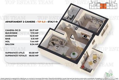 Apartament 2 camere intr-un bloc nou, modern, 61mp utili + balcon,  la 15 minute - 7