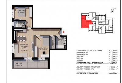 Apartament 3 camere, 67,85mp utili, terasa 12,24mp, zona Eroilor, Floresti - 1