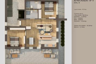PENTHOUSE 3 camere + terasa TOTAL  117 mp2 Tractorul / Coresi - 3