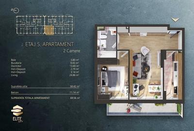 Apartament cu 2 camere, 58 mp, etaj intermediar, parcare, Complex Elite City - 1