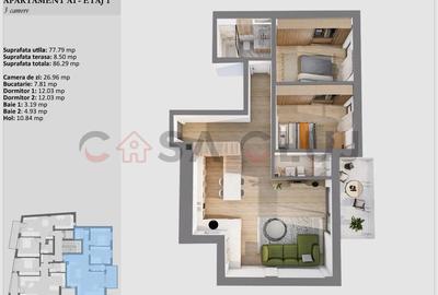 Apartament cu 3 camere semidecomandat în Central