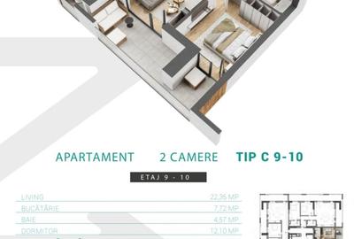 Apartament 2 camere, etaj 9, zona 13 Septembrie - 37