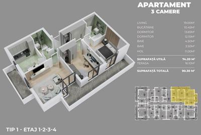 Apartament 3 Camere Decomandat - 90.3 mp - Incalzire in Pardoseala - 2