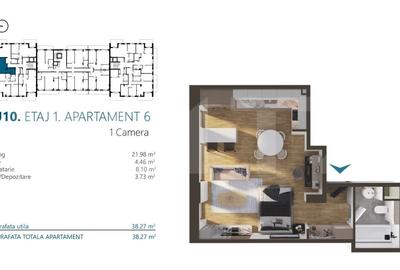 Apartament cu 2 camere, 38 mp, Ansamblu Rezidential, zona RIVUS - 2