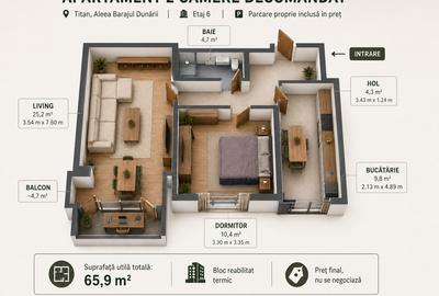 Apartament cu 2 camere decomandat în Titan
