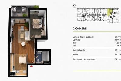 Apartament 2 camere – vedere panoramică, balcon mare –Soporului - 7