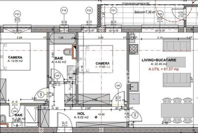 Apartament decomandat cu 3 camere, 2 bai -s.utila 61.57 mp - loc de parcare - 2