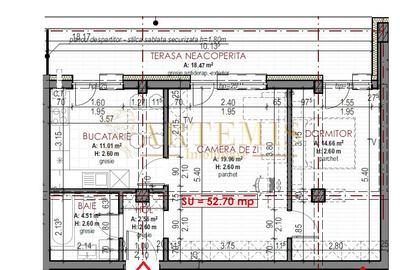 Apartament de 2 camere, finisat, 52,70 mp., decomandat, terasa, zona Terra