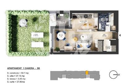 Apartament 1 camera zona de Nord - 43.09 mp utili si curte - 1