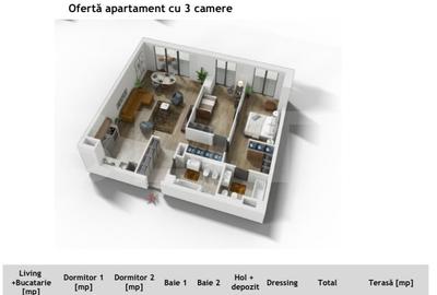 Apartament cu 3 camere semidecomandat în Central